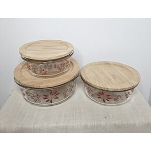 Temptations Glass Red Floral 3 Nesting Bowls Wooden Press Lids